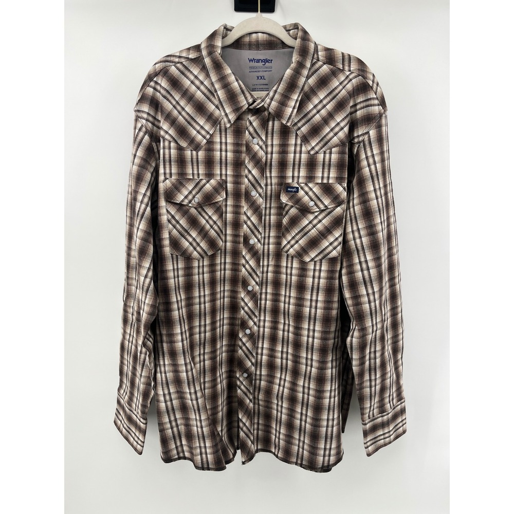 Wrangler Mens XXL Brown Plaid Advanced Comfort Western Pearl Snap Shirt